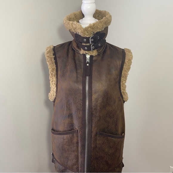 7 For All Mankind Brown Faux Leather Vest with Shearling Trim XS - Picture 9 of 14